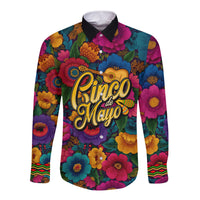 Cinco De Mayo Long Sleeve Button Shirt Mariachi Dancer - Vibrant Mexican Floral Fiesta Guitar Folk Art