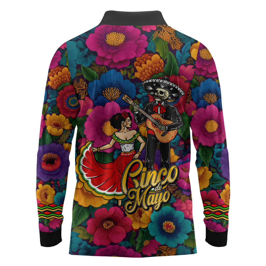Cinco De Mayo Long Sleeve Polo Shirt Mariachi Dancer - Vibrant Mexican Floral Fiesta Guitar Folk Art