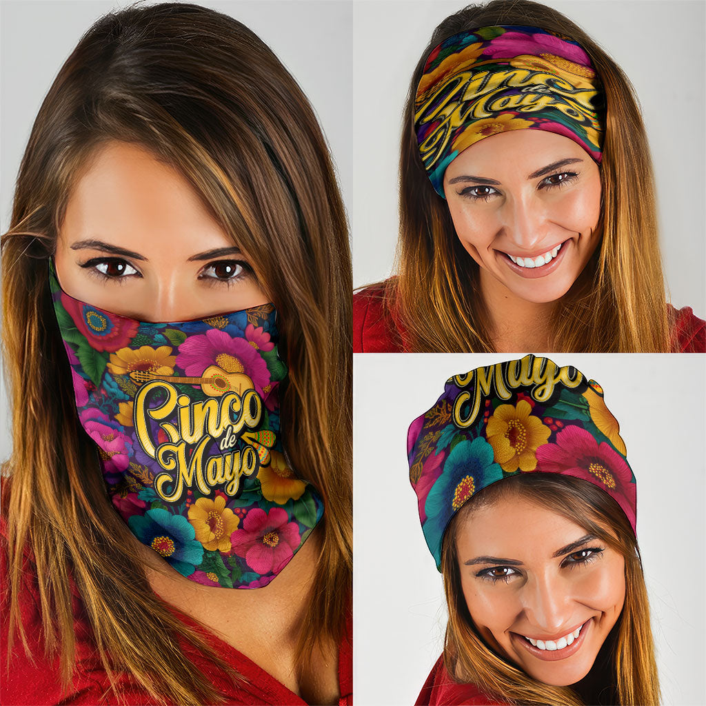 Cinco De Mayo Neck Gaiter Mariachi Dancer - Vibrant Mexican Floral Fiesta Guitar Folk Art