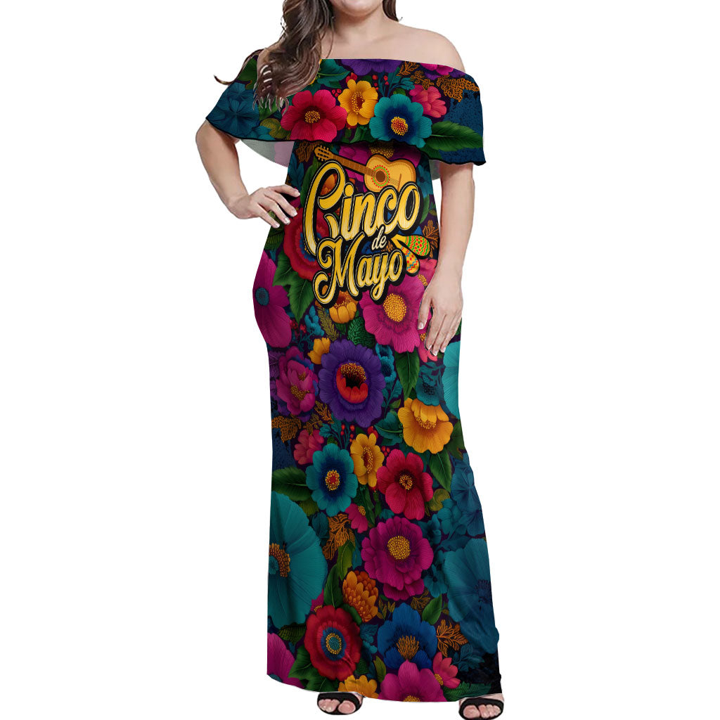 Cinco De Mayo Off Shoulder Maxi Dress Mariachi Dancer - Vibrant Mexican Floral Fiesta Guitar Folk Art