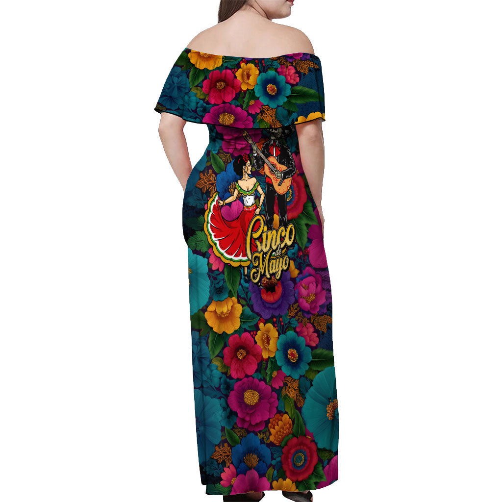 Cinco De Mayo Off Shoulder Maxi Dress Mariachi Dancer - Vibrant Mexican Floral Fiesta Guitar Folk Art
