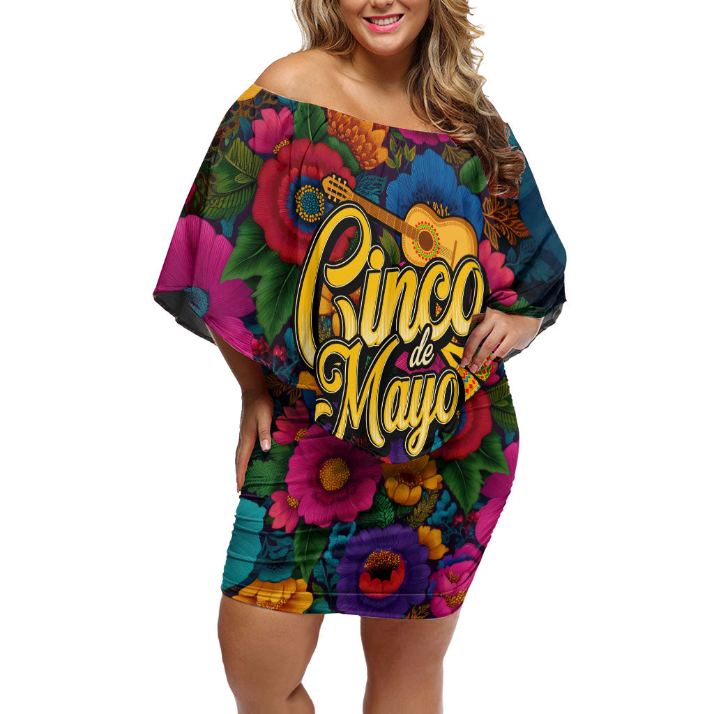 Cinco De Mayo Off Shoulder Short Dress Mariachi Dancer - Vibrant Mexican Floral Fiesta Guitar Folk Art