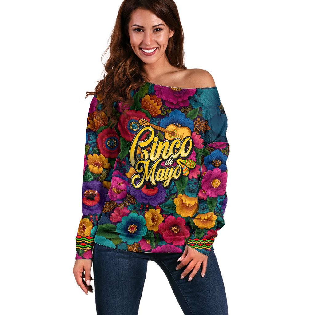 Cinco De Mayo Off Shoulder Sweater Mariachi Dancer - Vibrant Mexican Floral Fiesta Guitar Folk Art