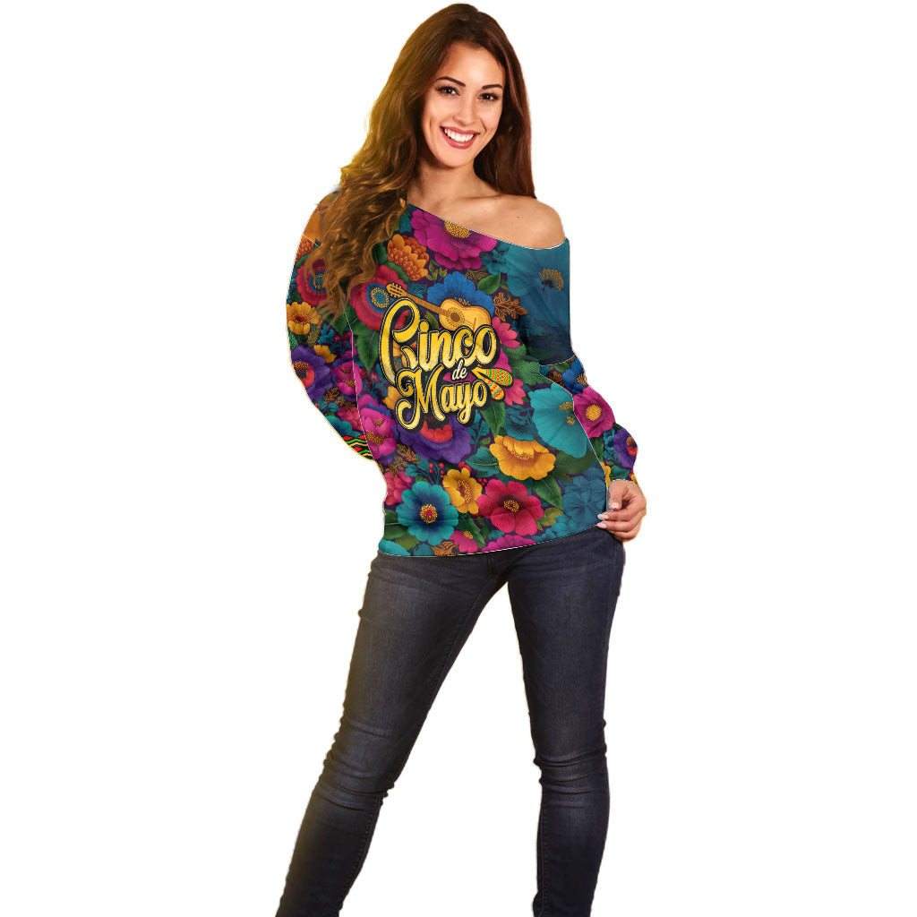 Cinco De Mayo Off Shoulder Sweater Mariachi Dancer - Vibrant Mexican Floral Fiesta Guitar Folk Art