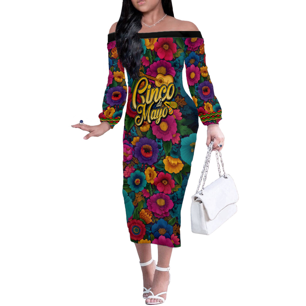 Cinco De Mayo Off The Shoulder Long Sleeve Dress Mariachi Dancer - Vibrant Mexican Floral Fiesta Guitar Folk Art