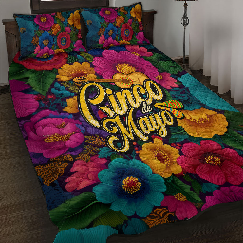 Cinco De Mayo Quilt Bed Set Mariachi Dancer - Vibrant Mexican Floral Fiesta Guitar Folk Art