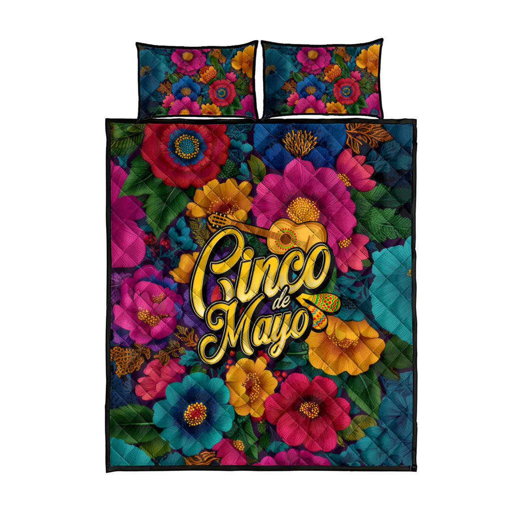 Cinco De Mayo Quilt Bed Set Mariachi Dancer - Vibrant Mexican Floral Fiesta Guitar Folk Art