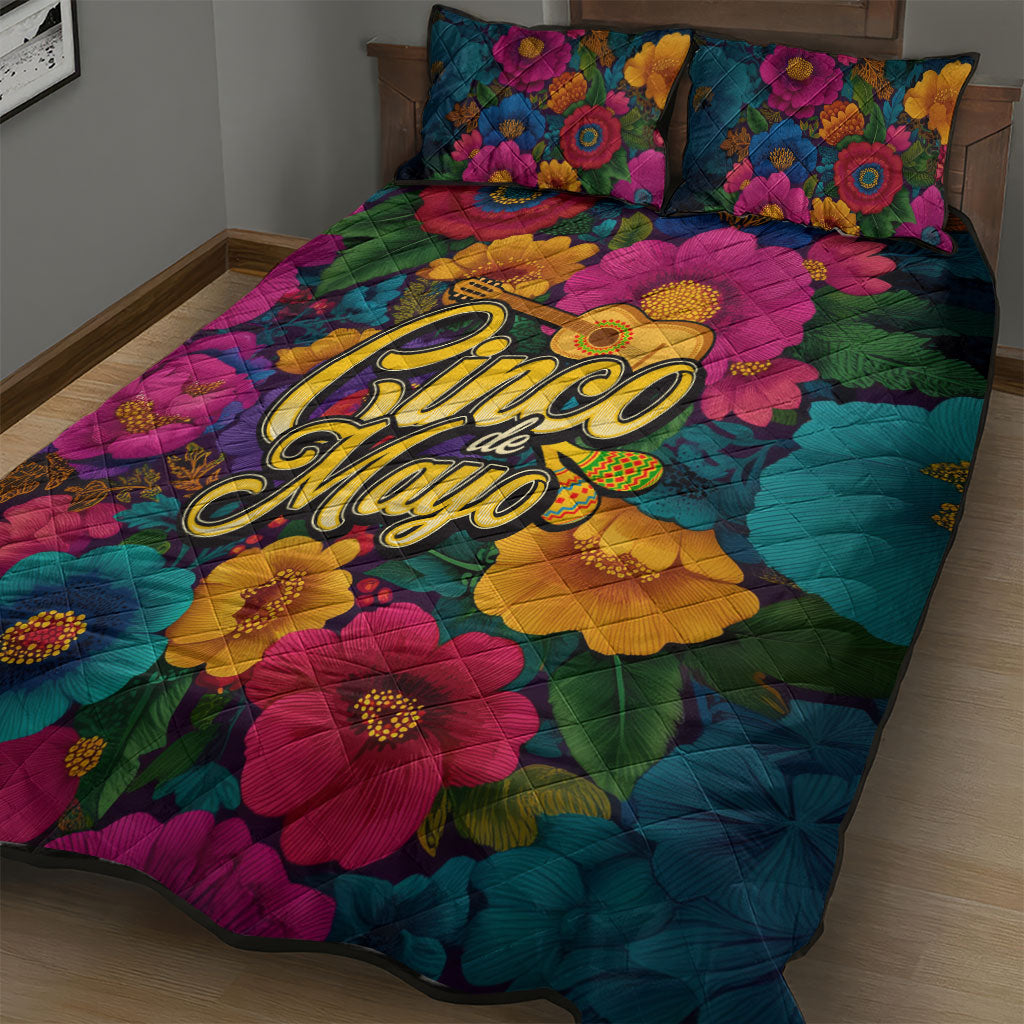 Cinco De Mayo Quilt Bed Set Mariachi Dancer - Vibrant Mexican Floral Fiesta Guitar Folk Art