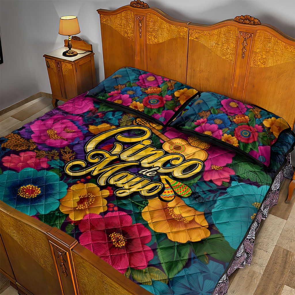 Cinco De Mayo Quilt Bed Set Mariachi Dancer - Vibrant Mexican Floral Fiesta Guitar Folk Art