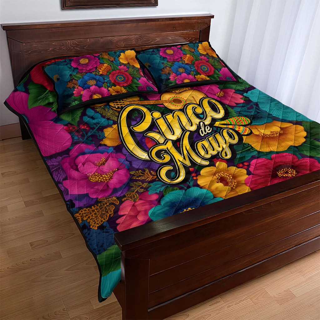 Cinco De Mayo Quilt Bed Set Mariachi Dancer - Vibrant Mexican Floral Fiesta Guitar Folk Art