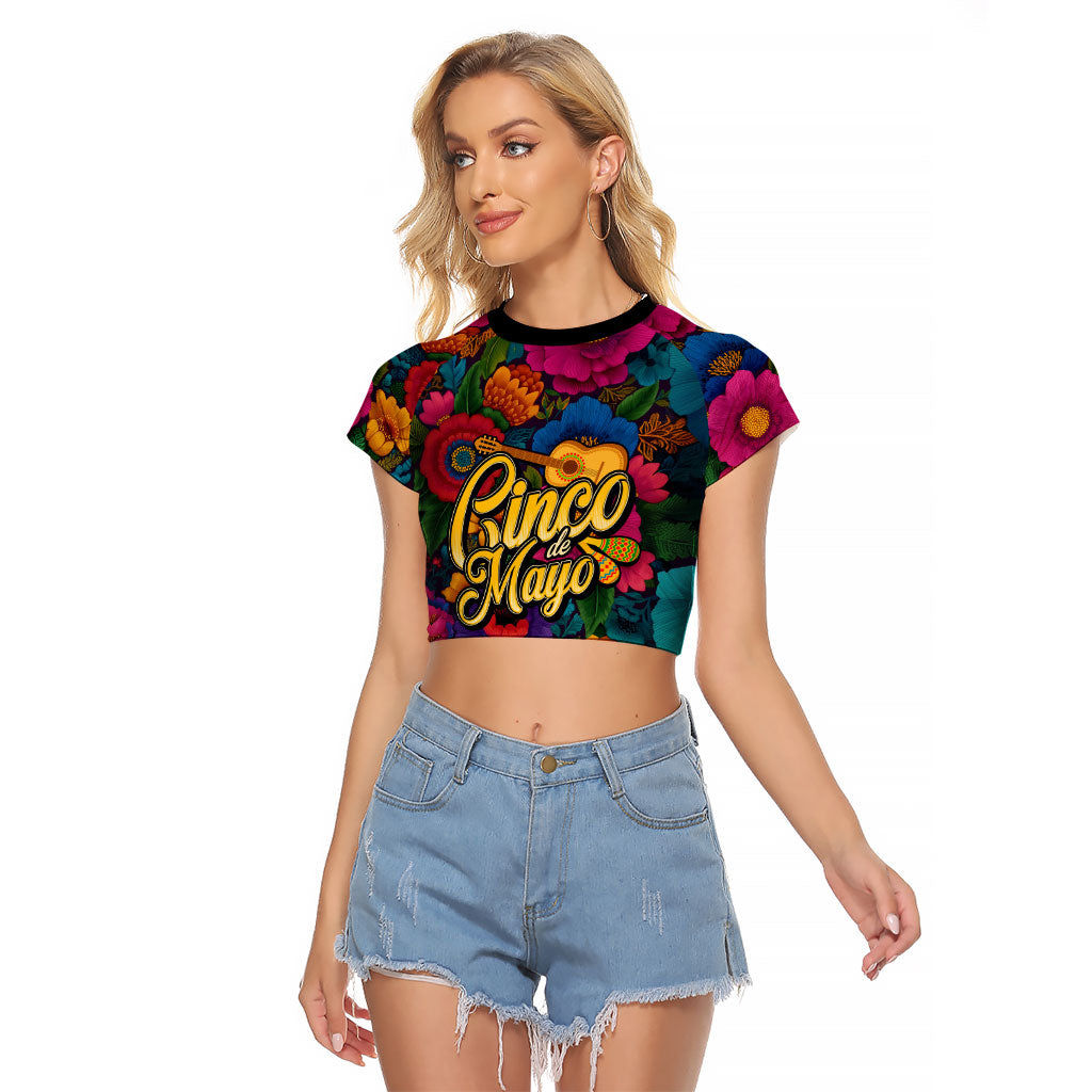 Cinco De Mayo Raglan Cropped T Shirt Mariachi Dancer - Vibrant Mexican Floral Fiesta Guitar Folk Art
