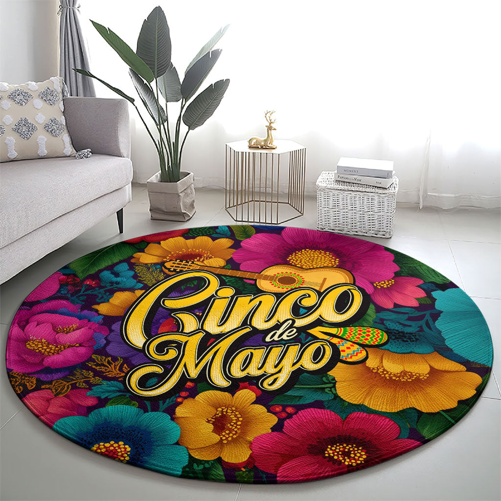 Cinco De Mayo Round Carpet Mariachi Dancer - Vibrant Mexican Floral Fiesta Guitar Folk Art