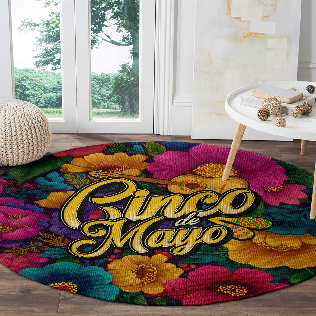 Cinco De Mayo Round Carpet Mariachi Dancer - Vibrant Mexican Floral Fiesta Guitar Folk Art