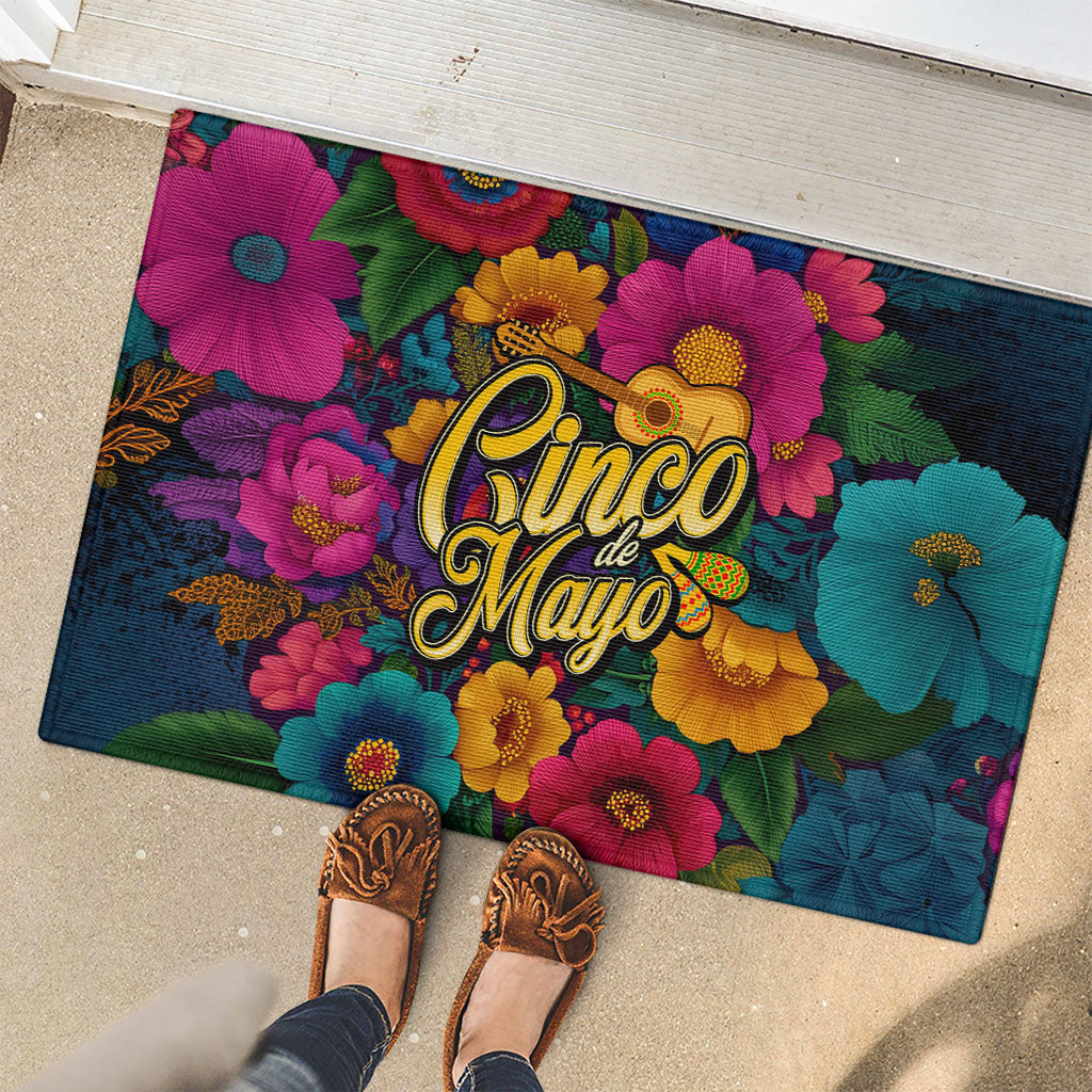 Cinco De Mayo Rubber Doormat Mariachi Dancer - Vibrant Mexican Floral Fiesta Guitar Folk Art