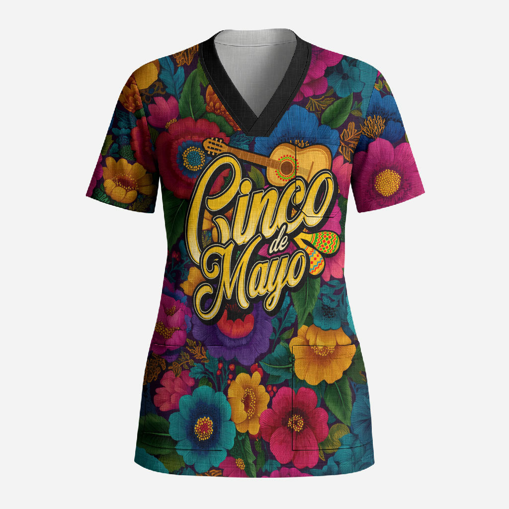 Cinco De Mayo Scrub Top Mariachi Dancer - Vibrant Mexican Floral Fiesta Guitar Folk Art