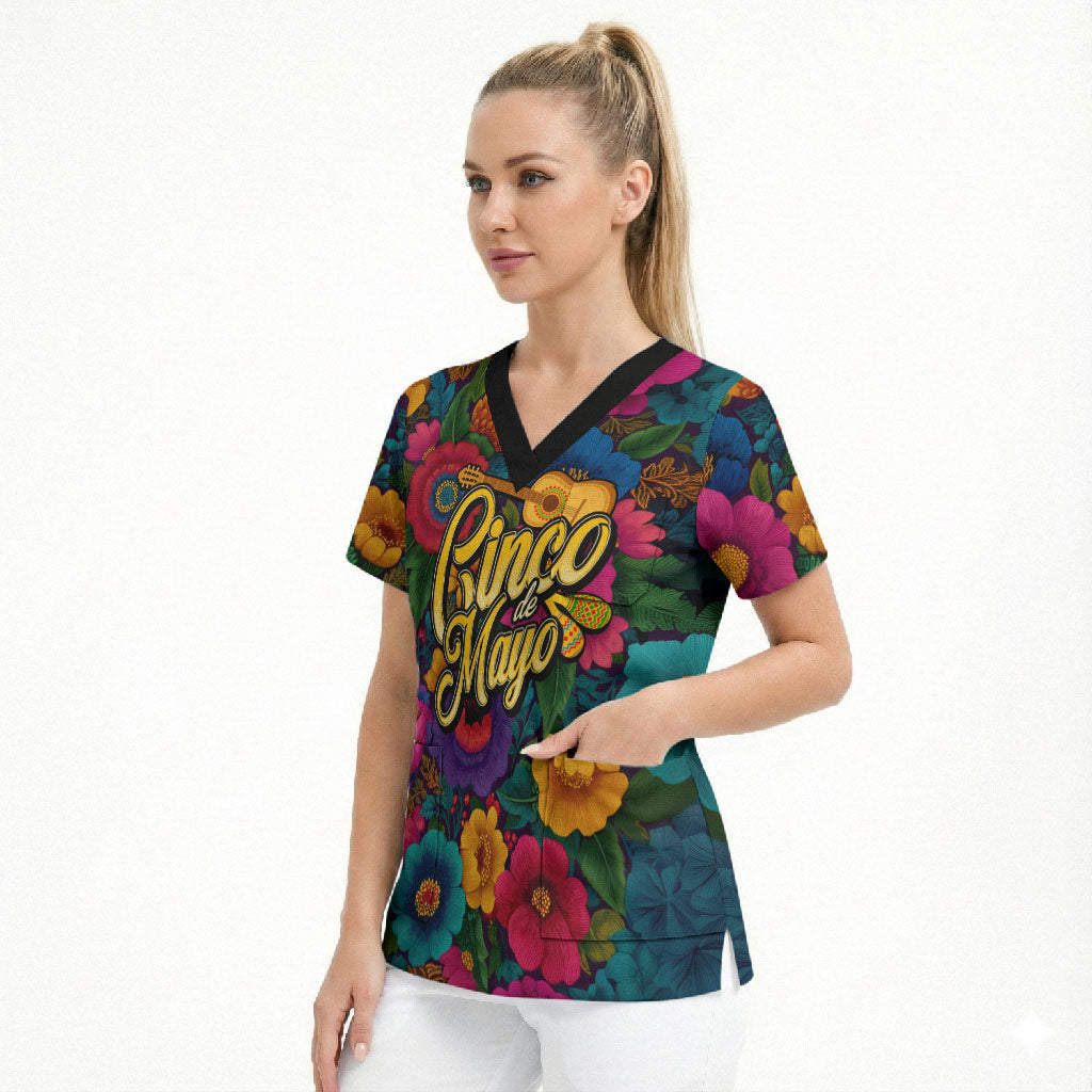 Cinco De Mayo Scrub Top Mariachi Dancer - Vibrant Mexican Floral Fiesta Guitar Folk Art