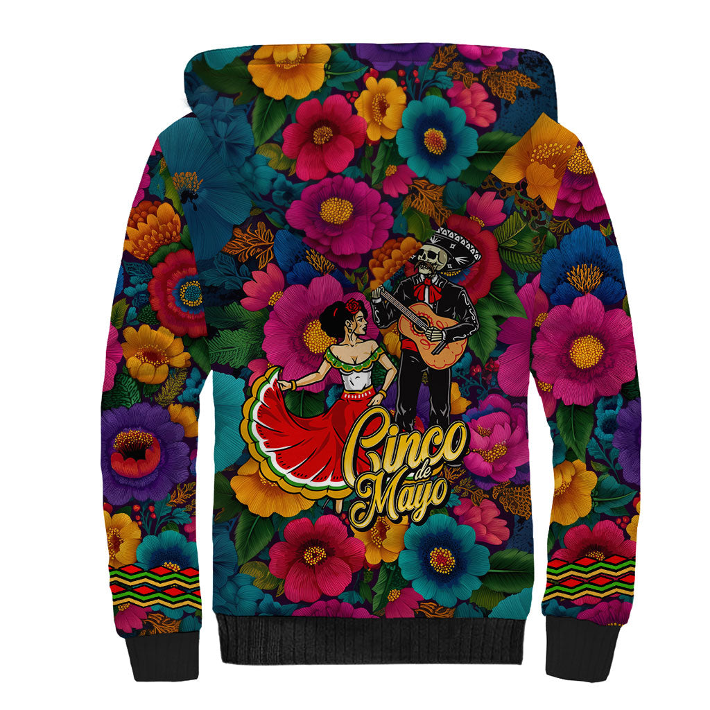 Cinco De Mayo Sherpa Hoodie Mariachi Dancer - Vibrant Mexican Floral Fiesta Guitar Folk Art