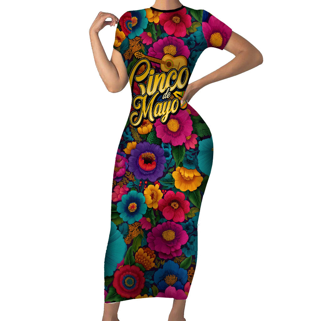 Cinco De Mayo Short Sleeve Bodycon Dress Mariachi Dancer - Vibrant Mexican Floral Fiesta Guitar Folk Art