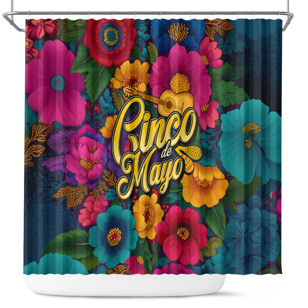 Cinco De Mayo Shower Curtain Mariachi Dancer - Vibrant Mexican Floral Fiesta Guitar Folk Art