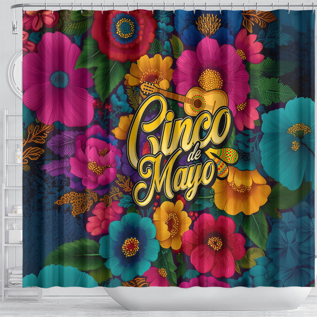 Cinco De Mayo Shower Curtain Mariachi Dancer - Vibrant Mexican Floral Fiesta Guitar Folk Art