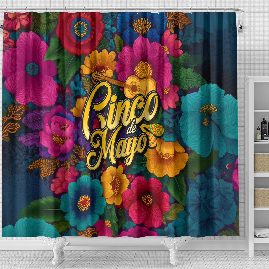 Cinco De Mayo Shower Curtain Mariachi Dancer - Vibrant Mexican Floral Fiesta Guitar Folk Art