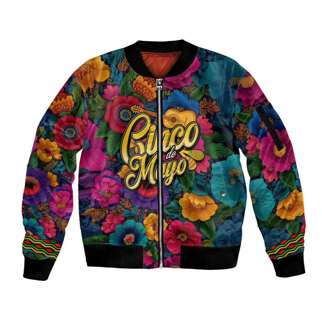 Cinco De Mayo Sleeve Zip Bomber Jacket Mariachi Dancer - Vibrant Mexican Floral Fiesta Guitar Folk Art