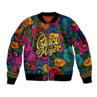 Cinco De Mayo Sleeve Zip Bomber Jacket Mariachi Dancer - Vibrant Mexican Floral Fiesta Guitar Folk Art