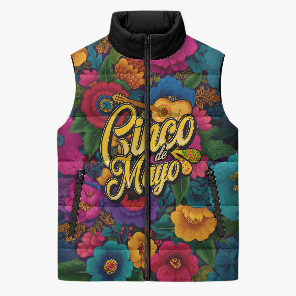 Cinco De Mayo Sleeveless Puffer Jacket Mariachi Dancer - Vibrant Mexican Floral Fiesta Guitar Folk Art