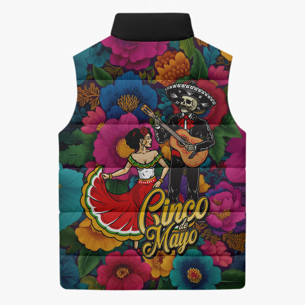 Cinco De Mayo Sleeveless Puffer Jacket Mariachi Dancer - Vibrant Mexican Floral Fiesta Guitar Folk Art