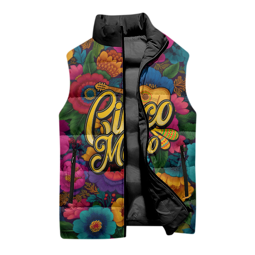Cinco De Mayo Sleeveless Puffer Jacket Mariachi Dancer - Vibrant Mexican Floral Fiesta Guitar Folk Art