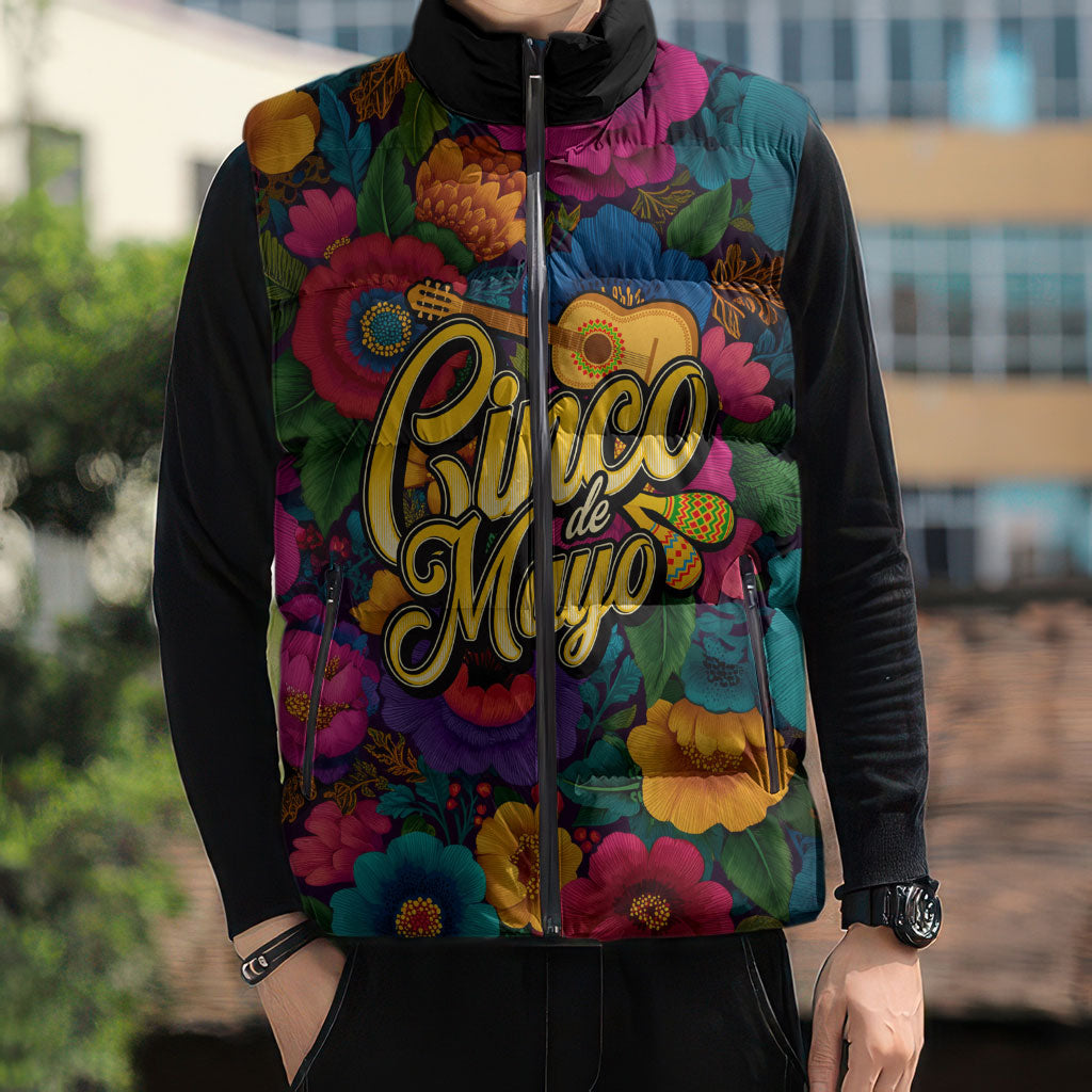 Cinco De Mayo Sleeveless Puffer Jacket Mariachi Dancer - Vibrant Mexican Floral Fiesta Guitar Folk Art