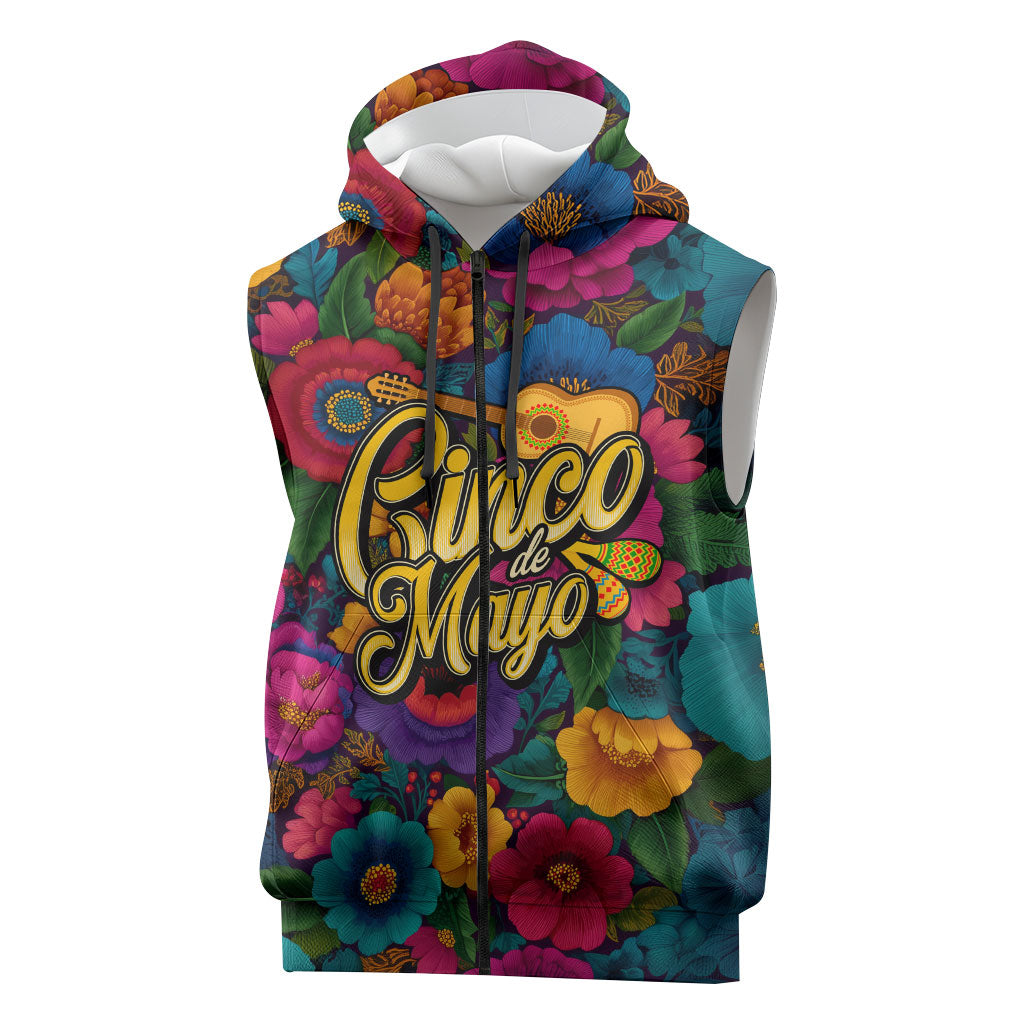Cinco De Mayo Sleeveless Zip Hoodie Mariachi Dancer - Vibrant Mexican Floral Fiesta Guitar Folk Art