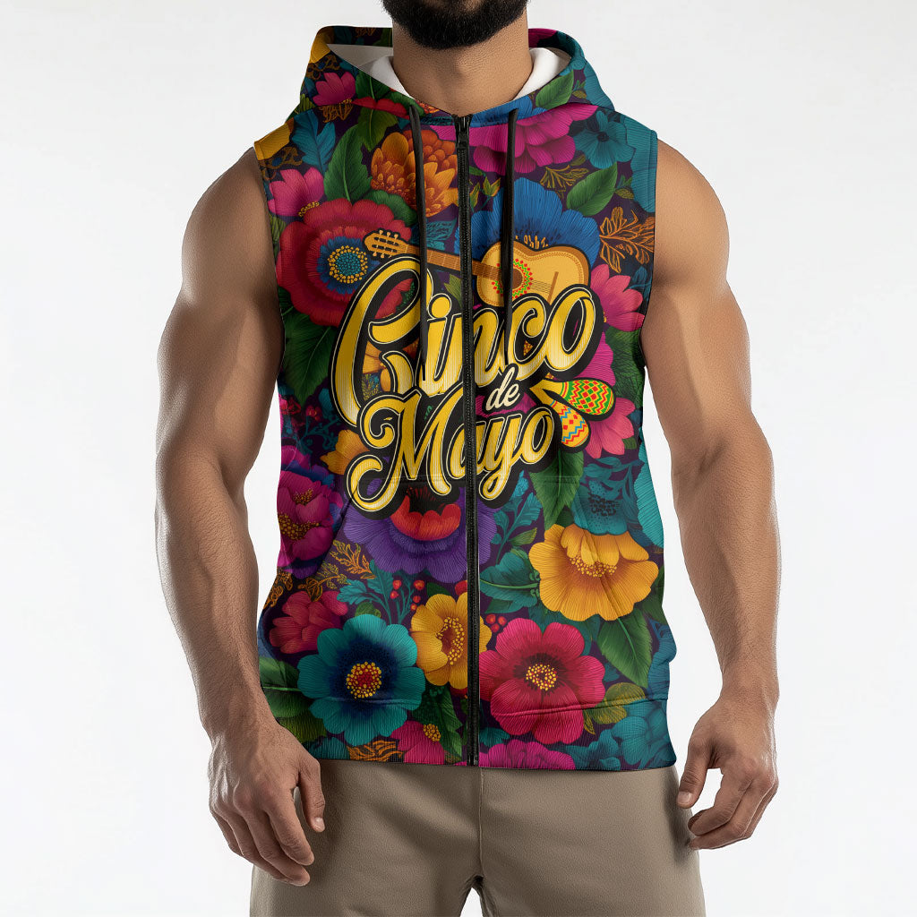Cinco De Mayo Sleeveless Zip Hoodie Mariachi Dancer - Vibrant Mexican Floral Fiesta Guitar Folk Art