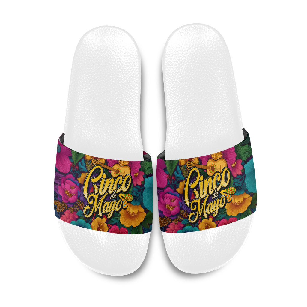 Cinco De Mayo Slide Sandals Mariachi Dancer - Vibrant Mexican Floral Fiesta Guitar Folk Art