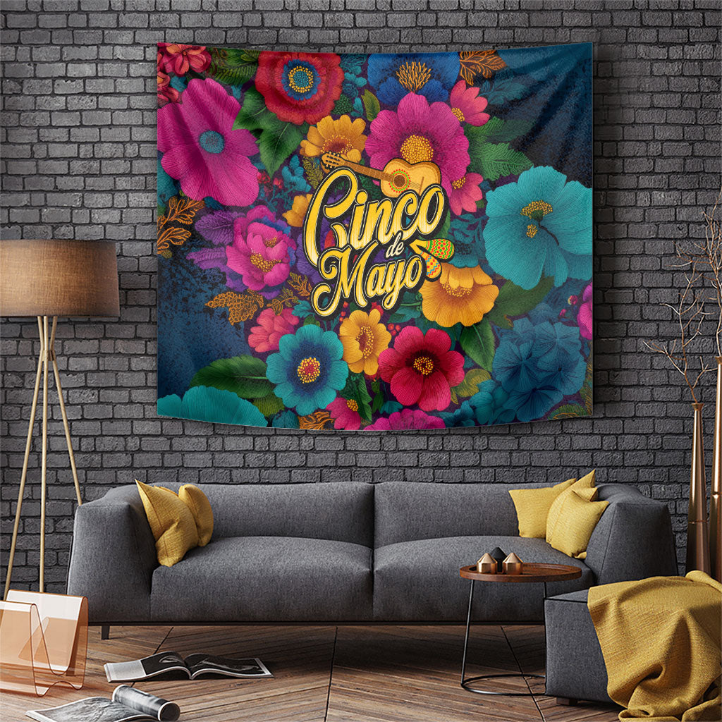 Cinco De Mayo Tapestry Mariachi Dancer - Vibrant Mexican Floral Fiesta Guitar Folk Art