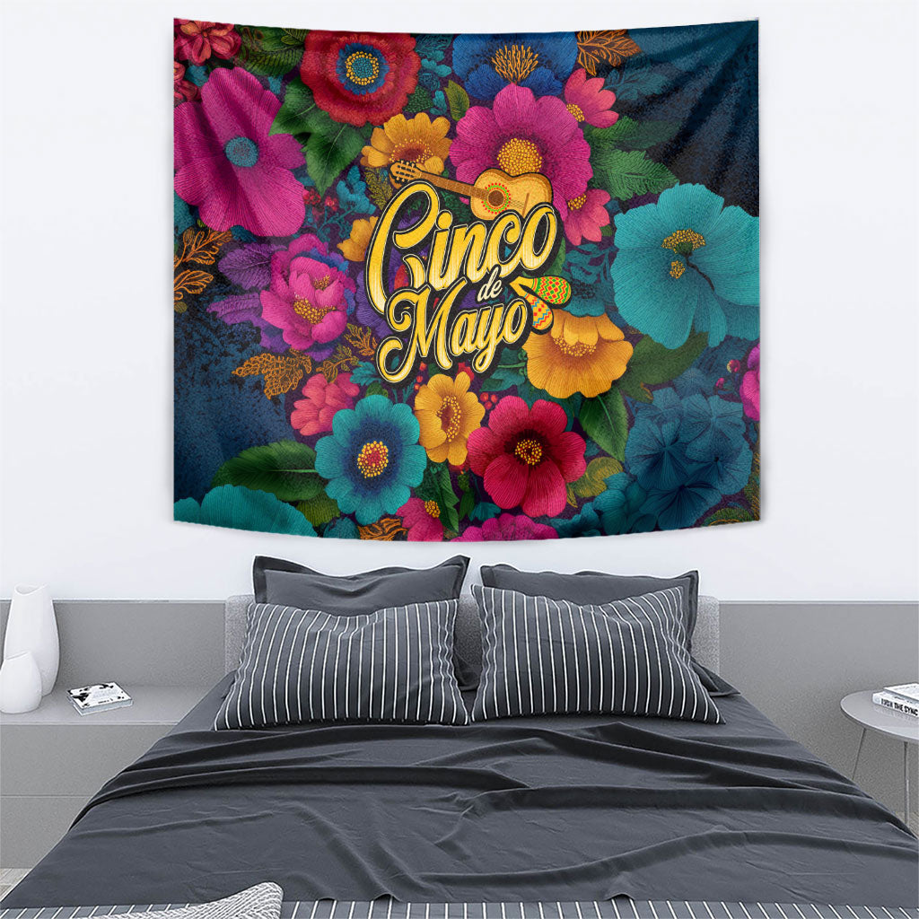 Cinco De Mayo Tapestry Mariachi Dancer - Vibrant Mexican Floral Fiesta Guitar Folk Art