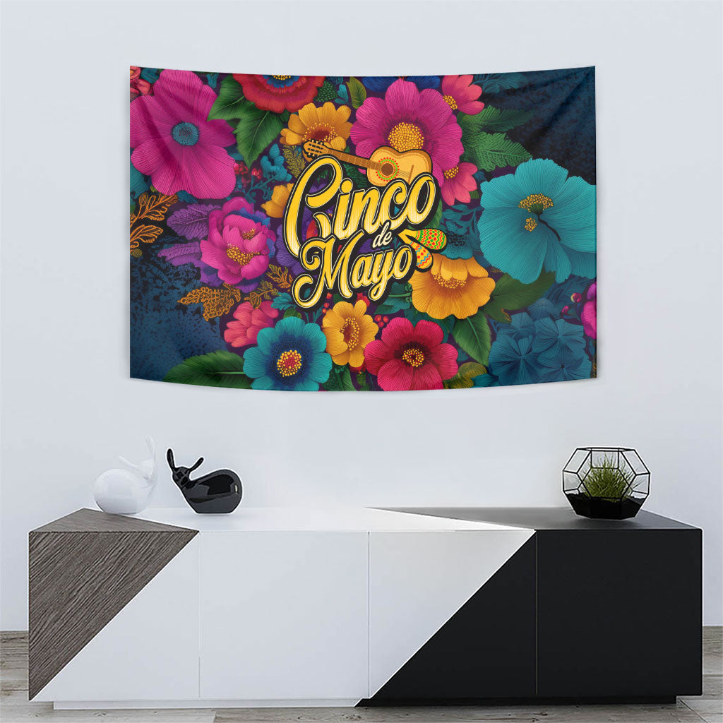 Cinco De Mayo Tapestry Mariachi Dancer - Vibrant Mexican Floral Fiesta Guitar Folk Art