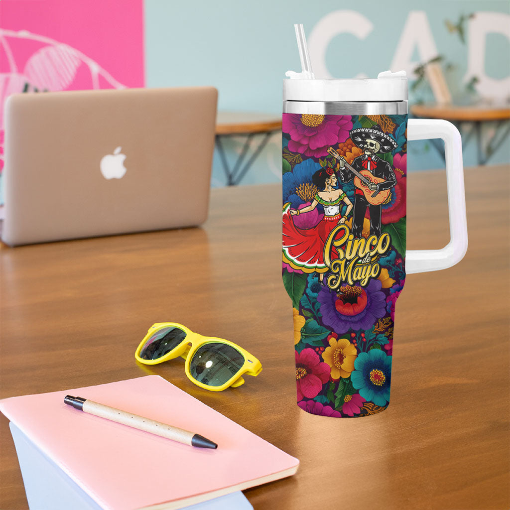 Cinco De Mayo Tumbler With Handle Mariachi Dancer - Vibrant Mexican Floral Fiesta Guitar Folk Art