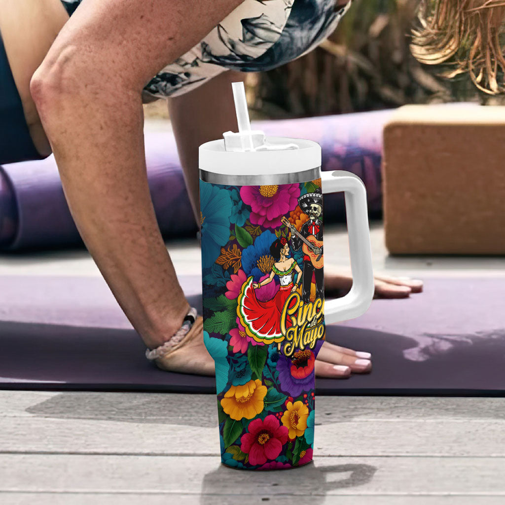 Cinco De Mayo Tumbler With Handle Mariachi Dancer - Vibrant Mexican Floral Fiesta Guitar Folk Art