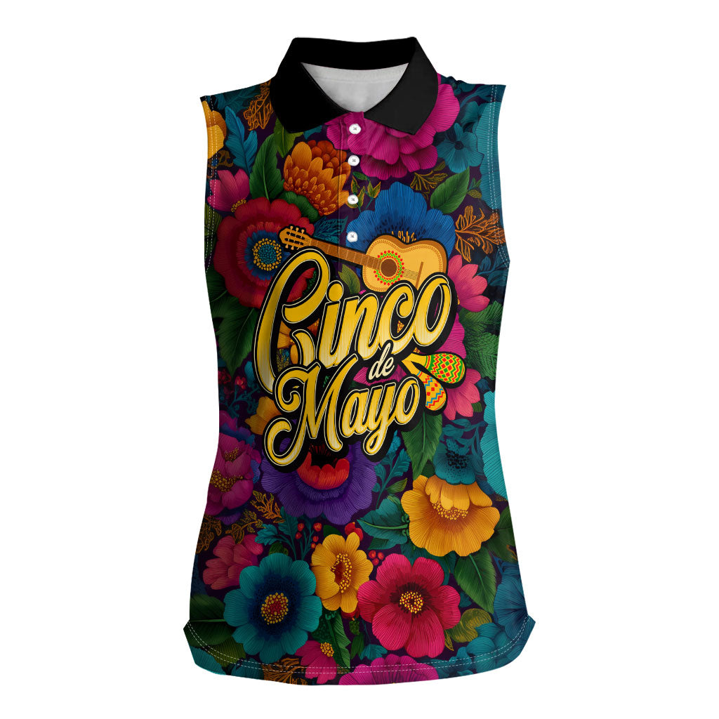 Cinco De Mayo Women Sleeveless Polo Shirt Mariachi Dancer - Vibrant Mexican Floral Fiesta Guitar Folk Art