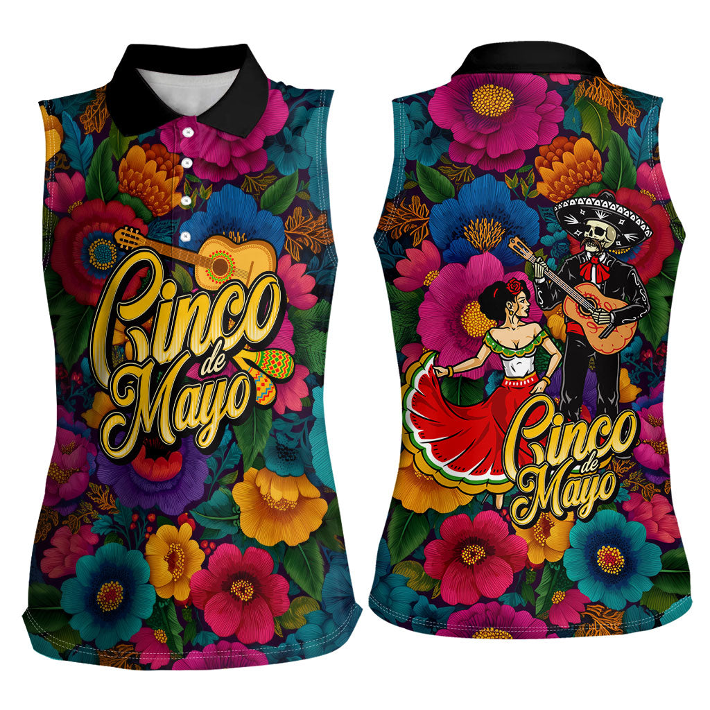 Cinco De Mayo Women Sleeveless Polo Shirt Mariachi Dancer - Vibrant Mexican Floral Fiesta Guitar Folk Art