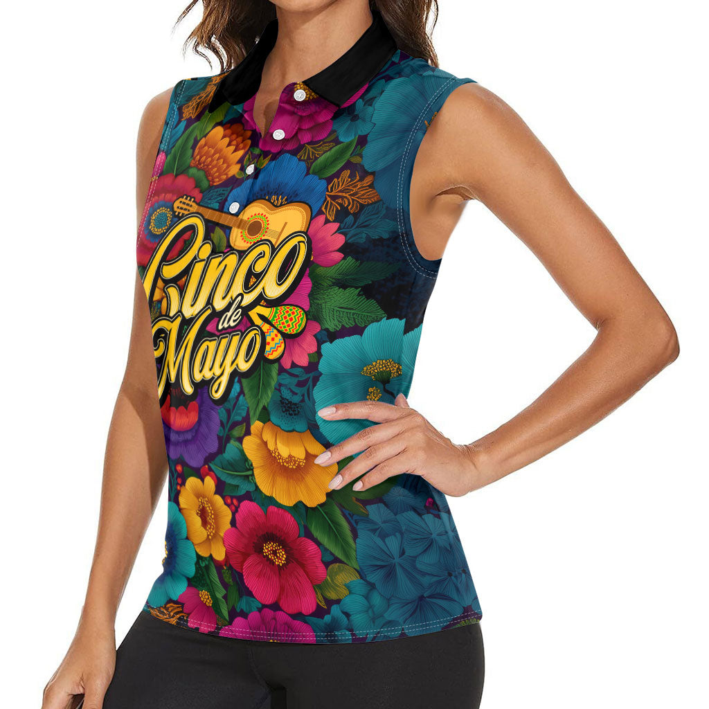 Cinco De Mayo Women Sleeveless Polo Shirt Mariachi Dancer - Vibrant Mexican Floral Fiesta Guitar Folk Art