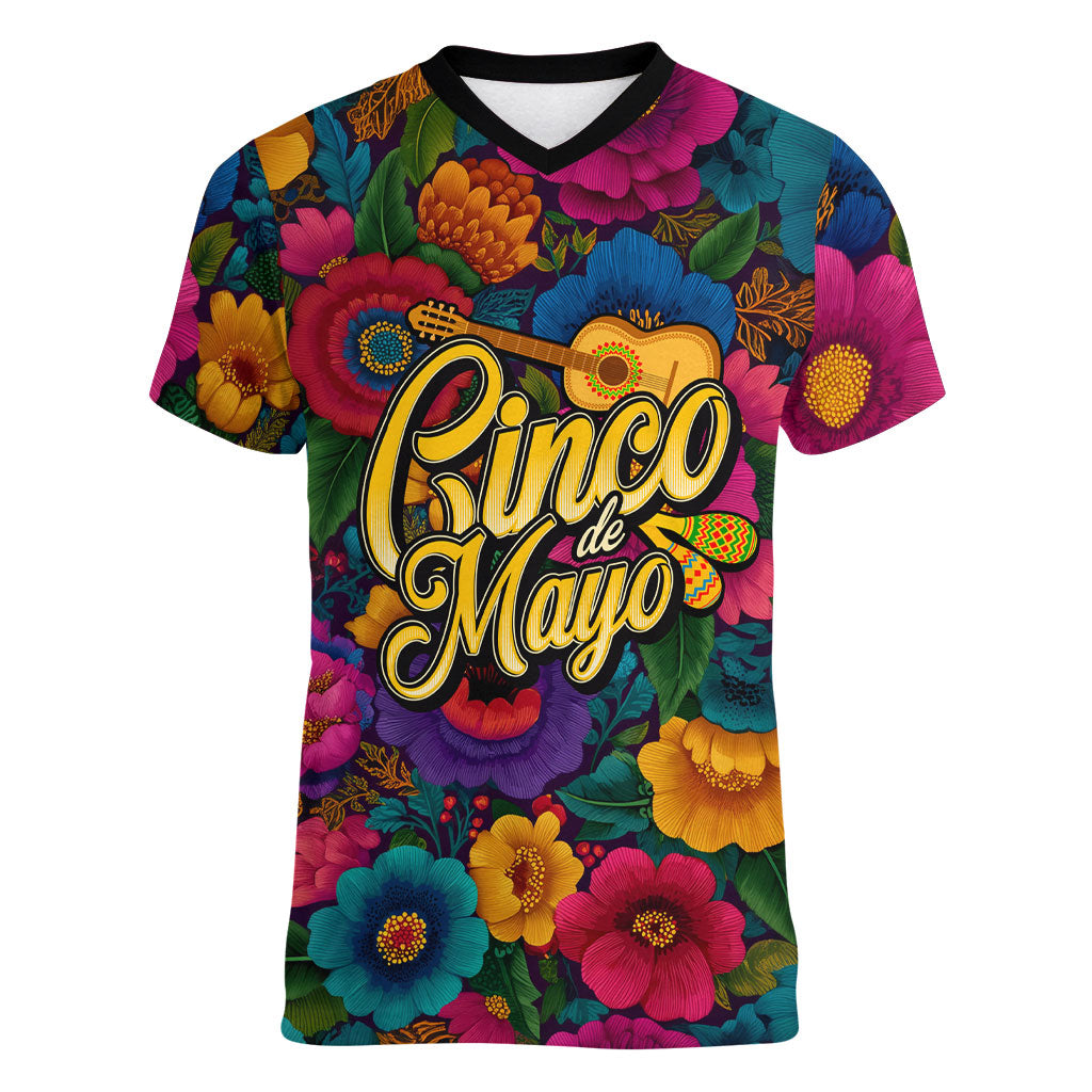 Cinco De Mayo Women V-Neck T-Shirt Mariachi Dancer - Vibrant Mexican Floral Fiesta Guitar Folk Art