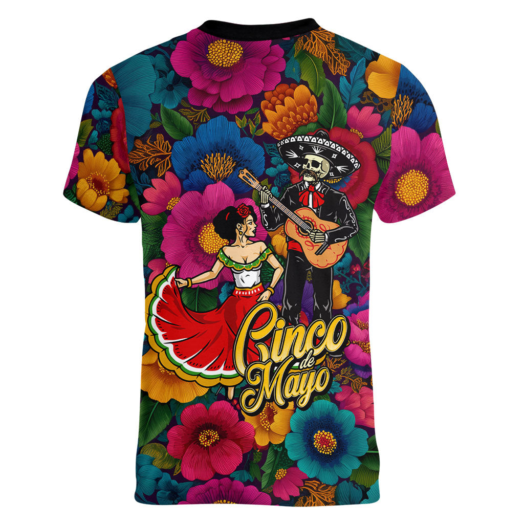 Cinco De Mayo Women V-Neck T-Shirt Mariachi Dancer - Vibrant Mexican Floral Fiesta Guitar Folk Art
