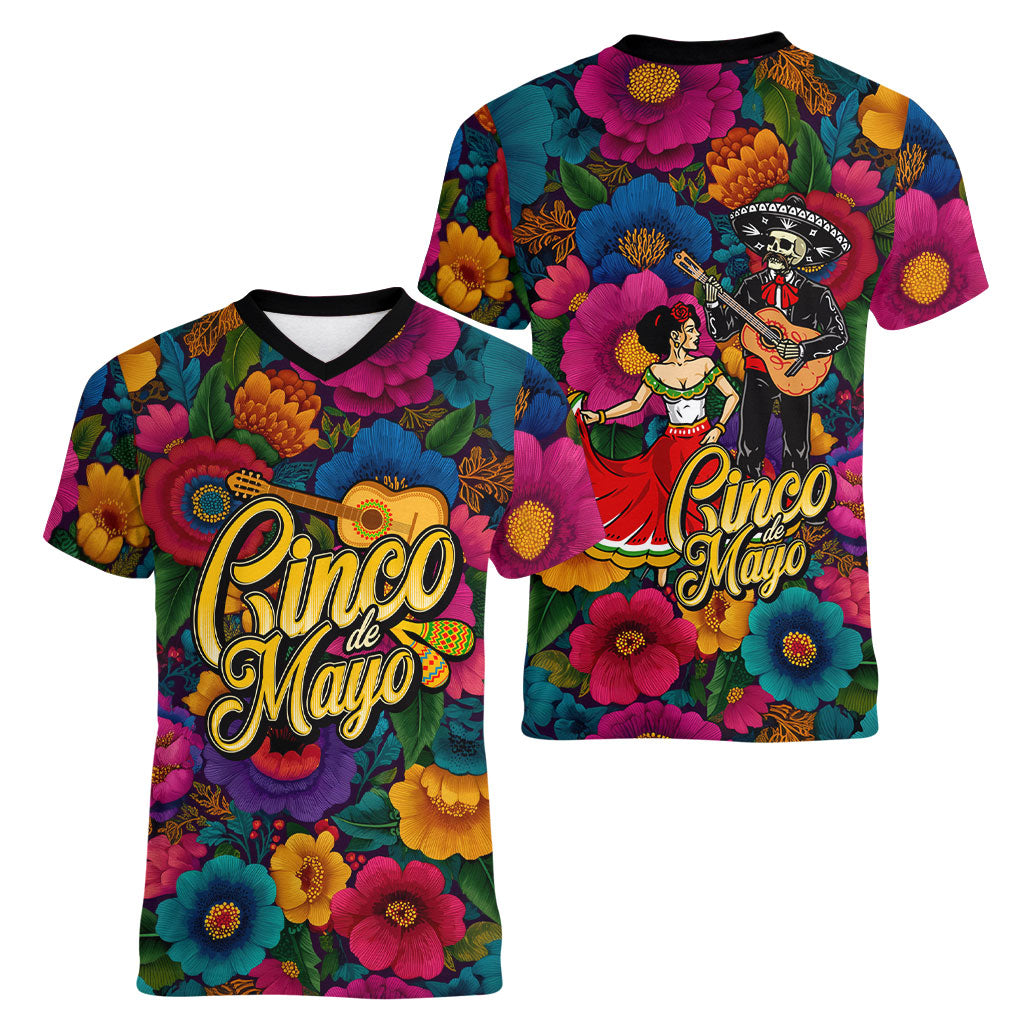 Cinco De Mayo Women V-Neck T-Shirt Mariachi Dancer - Vibrant Mexican Floral Fiesta Guitar Folk Art
