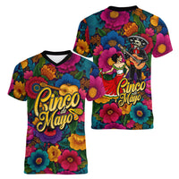 Cinco De Mayo Women V-Neck T-Shirt Mariachi Dancer - Vibrant Mexican Floral Fiesta Guitar Folk Art