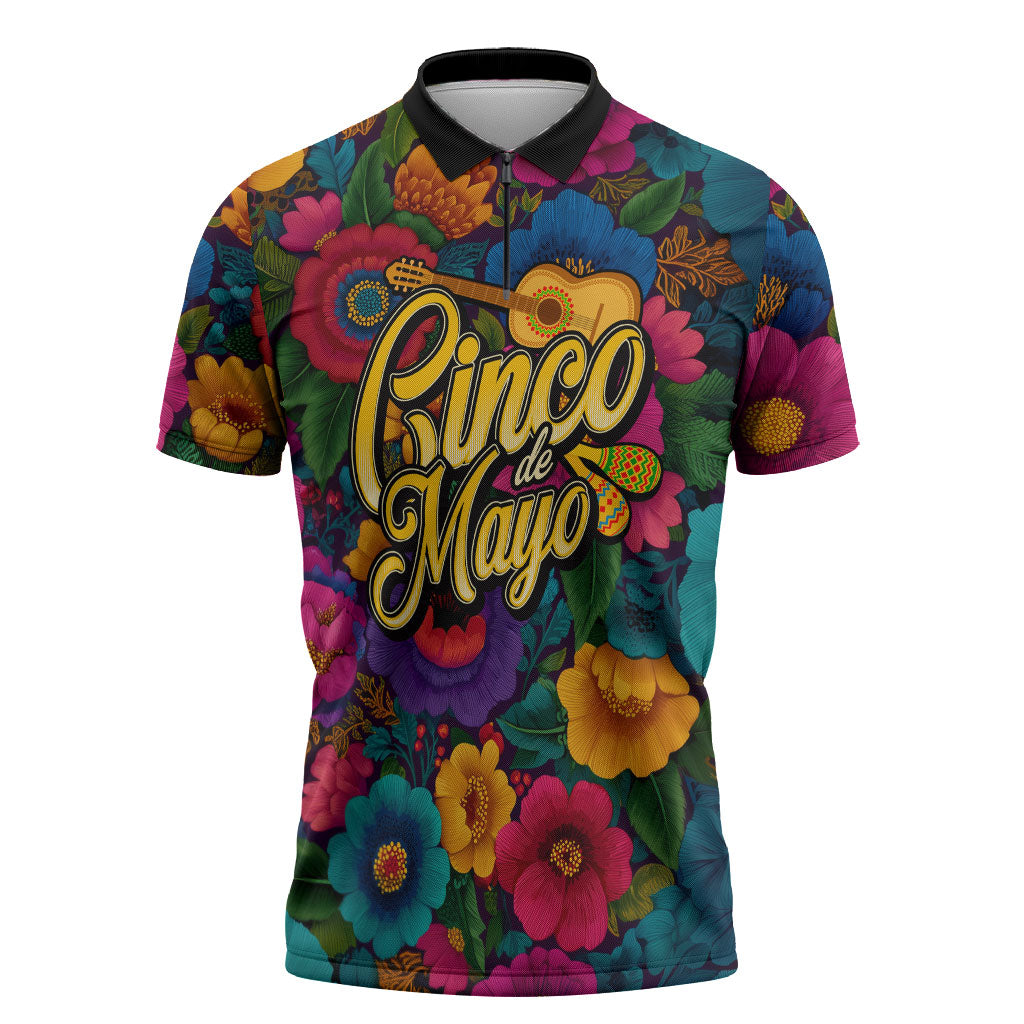 Cinco De Mayo Zipper Polo Shirt Mariachi Dancer - Vibrant Mexican Floral Fiesta Guitar Folk Art