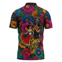 Cinco De Mayo Zipper Polo Shirt Mariachi Dancer - Vibrant Mexican Floral Fiesta Guitar Folk Art