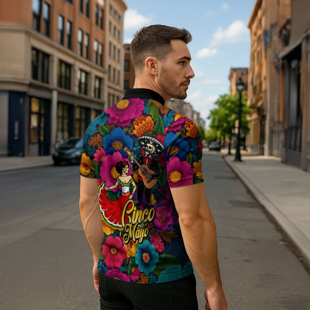 Cinco De Mayo Zipper Polo Shirt Mariachi Dancer - Vibrant Mexican Floral Fiesta Guitar Folk Art