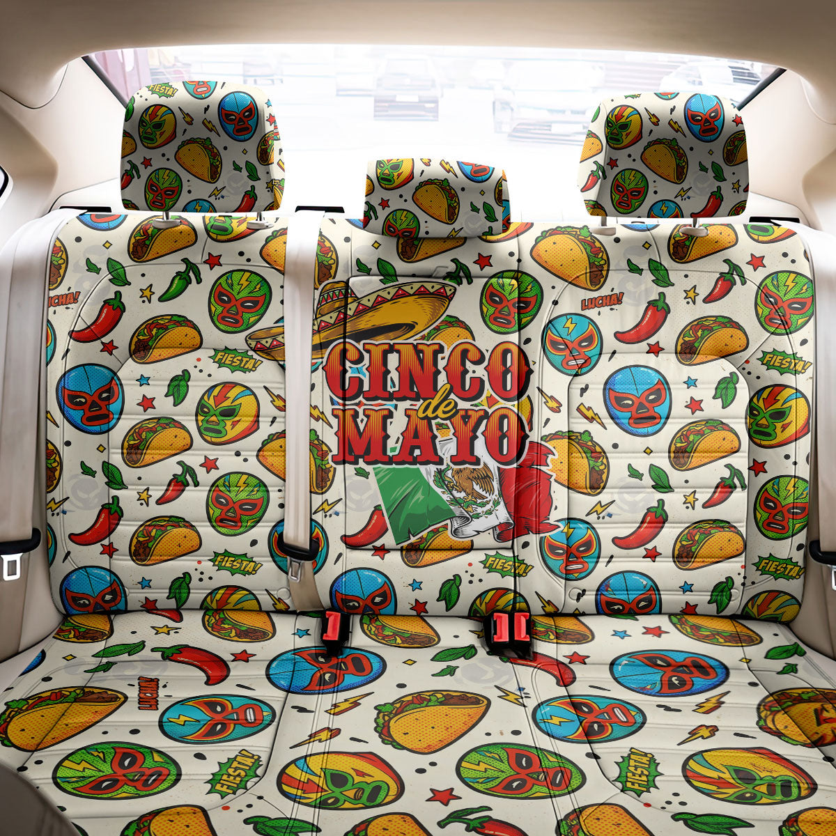 Cinco De Mayo Back Car Seat Cover Lucha Libre Wrestler - Pop Art Comic Style Mexican Fiesta Taco